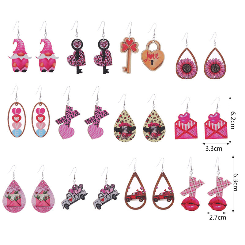 Wholesale Leopard Print Heart Pink Envelope Valentine's Day Wooden Earrings